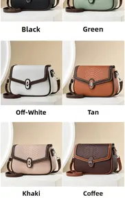 Collage of leather crossbody bags in six colors with snake pattern flaps and metal buckles