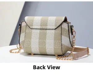 Vue arrière détaillée du sac bandoulière à carreaux beige avec pieds de protection