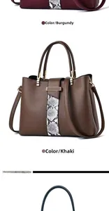 Close-up of wine red and khaki leather tote bags with snakeskin detail and golden locks