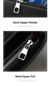 Detail of black pebbled leather crossbody bag showing back zipper pocket and metal puller