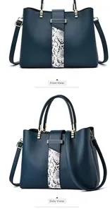 Front and side views of a navy blue textured leather tote with snakeskin panel and gold hardware