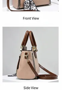 Vorder- und Seitenansicht einer beige gesteppten Handtasche mit braunen Griffen und Tuch