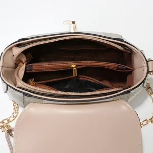 Petit sac carré beige avec intérieur à plusieurs compartiments et chaîne dorée