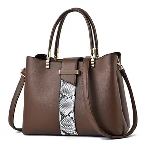 Large capacity dark brown tote bag with snakeskin patch and gold hardware detail