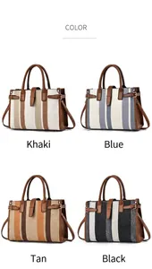Detailed view of color options: khaki, blue, earth yellow, and black striped tote bags