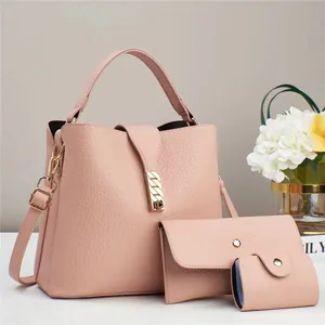 Women Shoulder Bag Set PU Leather Litchi Pattern Bucket Handbag Wallet Card Holder Versatile Fashion