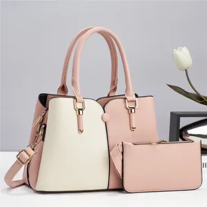 Women Fashion Color Block Handbag Large Capacity PU Leather Tote Bag With Clutch Bag And Shoulder Strap Elegant Style