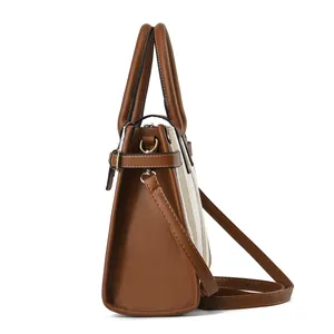 Sac cabas vintage en cuir marron et toile rayée avec bandoulière réglable