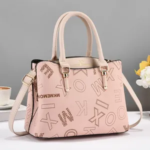 Pink PU leather tote bag with letter patterns and adjustable shoulder strap for women