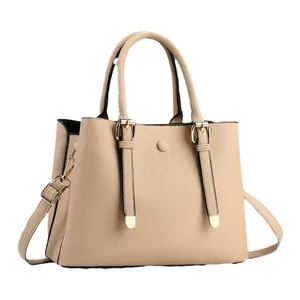 Elegante borsa tote kaki a grana litchi con finiture dorate e tracolla regolabile