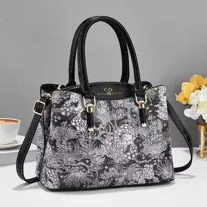 Dames Mode Vintage Bloemenprint Tote Bag PU Leer Jacquard Handtas Met Afneembare Schouderriem Crossbody Tas