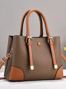 Litchi pattern leather tote bag in two-tone brown with gold hardware for women