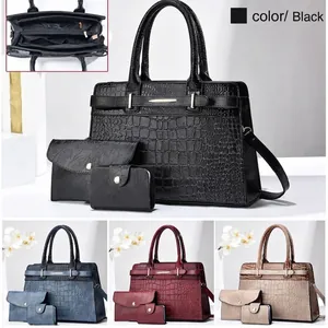 Chic crocodile pattern 3-in-1 women handbag set with tote bag and matching pouches
