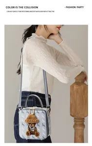 Detail of light blue box bag with teddy bear patch and gold zipper hardware