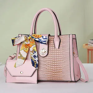 Pink faux crocodile leather tote bag set with decorative scarf and matching pouch