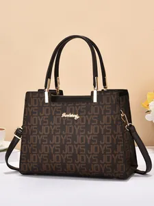 Sac à main marron foncé pour femme avec motif JOYS et détails dorés brillants