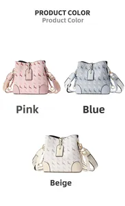 Detailed view of bucket bags in pink, blue, and beige with deer print patterns