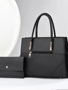 Women PU Leather Tote Bag And Matching Wallet Large Capacity Solid Color Shoulder Bag Handbag With Gold Hardware Fashion Bag Set