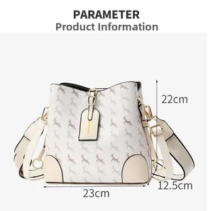 Detailed dimensions of beige bucket bag with horse print and wide fabric strap