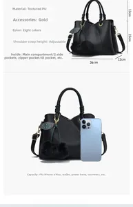 Detailed size and capacity comparison of black lychee texture PU handbag with gold leaf zipper