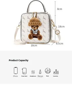Detailed size guide and capacity for white box bag with printed reindeer and 3D bear