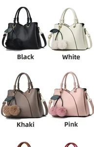Detailed view of large capacity PU leather handbags in black, white, khaki, and pink