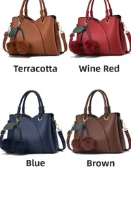 Collage of four large capacity pebble leather handbags in yellow, burgundy, blue, and brown