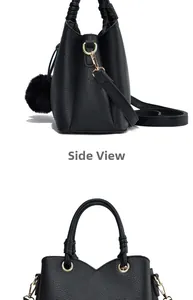 Side view and top handle details of a black lychee textured handbag with gold hardware
