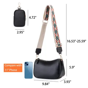 Detailed size chart of black lychee grain saddle bag with colorful shoulder strap and pouch