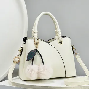 Women Fashion PU Leather Tote Bag Large Capacity Lychee Texture Handbag With Cherry Plush Charm Crossbody Shoulder Bag