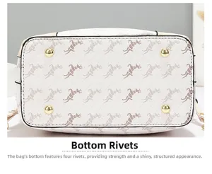 Detailed macro view of cream bucket bag base featuring protective golden metal rivets