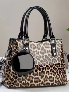 Fashion Leopard Print PU Leather Handbag For Women Shiny Patent Satchel With Round Coin Purse Vintage Crossbody Tote Bag