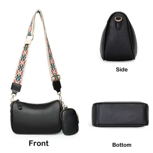 Three-view layout showing front, side, and bottom of black pebble leather saddle bag