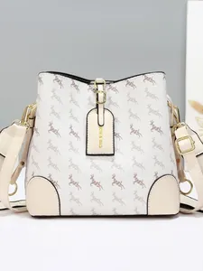 Women Elegant PU Leather Bucket Bag Deer Print Gold Hardware Wide Shoulder Strap Crossbody Bag Multi Layer Travel Handbag