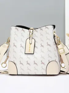 Chic beige bucket bag with deer print, adjustable strap and gold-tone hardware detail
