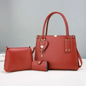 Ensemble de sacs à main rouge en cuir PU 3 pièces avec cabas, bandoulière et porte-carte