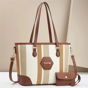 Retro large-capacity striped tote bag with leather trim and matching small pouch