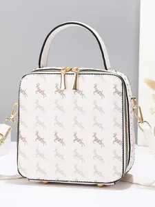 Vintage box bag with brown deer print, top handle and adjustable shoulder strap