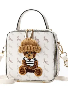 White box shoulder bag with bear ornament, deer print, and 3D teddy bear patch
