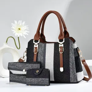Women Stripe Woven Tote Bag Wallet And Card Holder Contrast Color PU Leather Shoulder Crossbody Bag Fashion Trendy