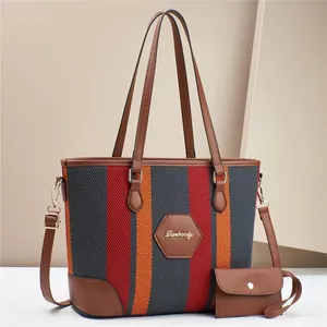 Women Vintage Striped Large Tote Bag With Matching Small Pouch Nylon PU Leather Splicing Handbag Shoulder Bag
