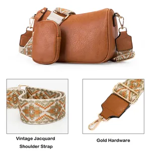 Brown faux leather saddle bag set with vintage jacquard strap and gold hardware