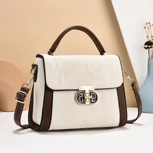 Retro Dames Handtas PU Leer Contrast Stiksels Schoudertas Elegant Woon-Werkverkeer Getextureerde Handtas