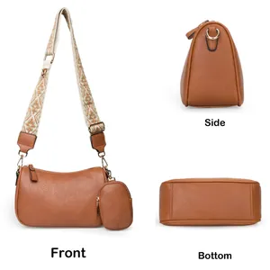 Three-view display of brown saddle bag with ethnic strap and mini coin purse charm