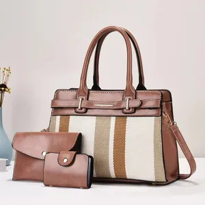 Ensemble 3 pièces en toile rayée marron avec cabas, pochette et portefeuille chic
