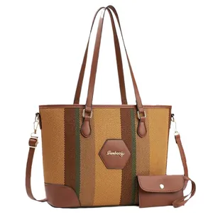 Vintage color-block large capacity tote bag with matching pouch and woven striped texture