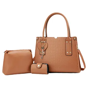 Ensemble de 3 sacs à main caramel pour femme avec motif croco et détails dorés