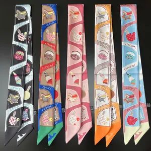 Five assorted summer twilly silk scarves with cartoon prints and satin texture