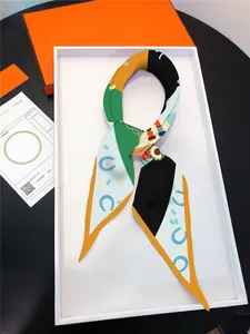 Detail view of printed silk scarf with horseshoe pattern inside an orange gift box