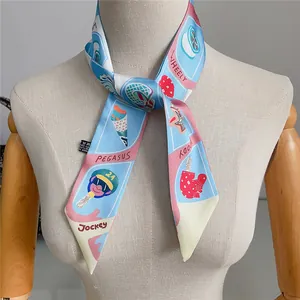 Pastel twilly scarf with modern illustrations of ice cream and sports on an elegant mannequin